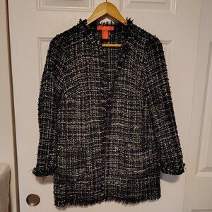 Catherine Malandrino Sweater Tweed Open Front Blazer Jacket Fringe Trim Sz Small